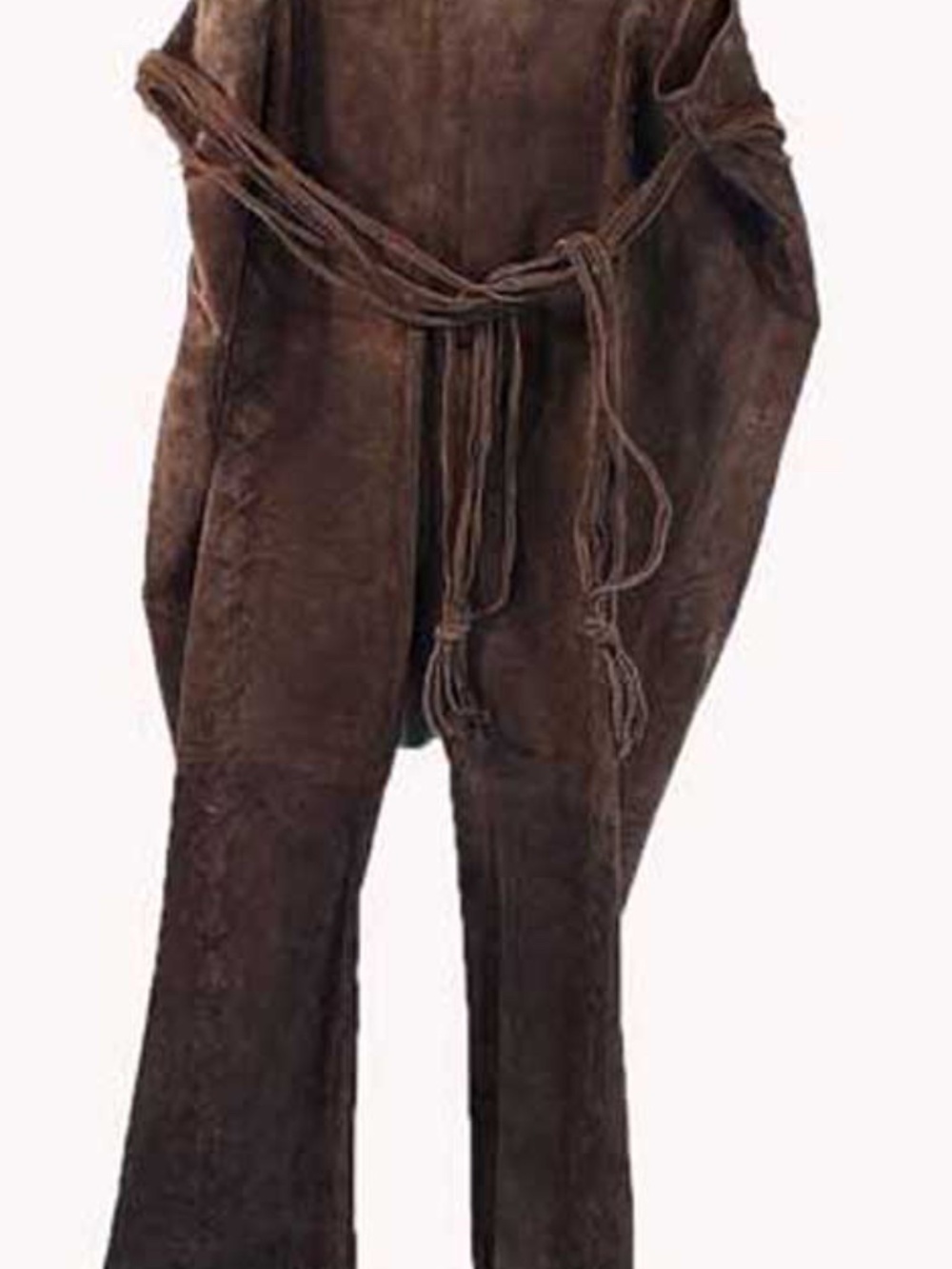 SUEDE PANTS, DARK BROWN, PLUS 26, FRONT "X" LACING, LONG SUEDE MULTI-STRAND BELT